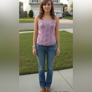 Vtg Y2K Gap Flower Print Blush Satin Trim Babydoll Tank Top Wool Silk M